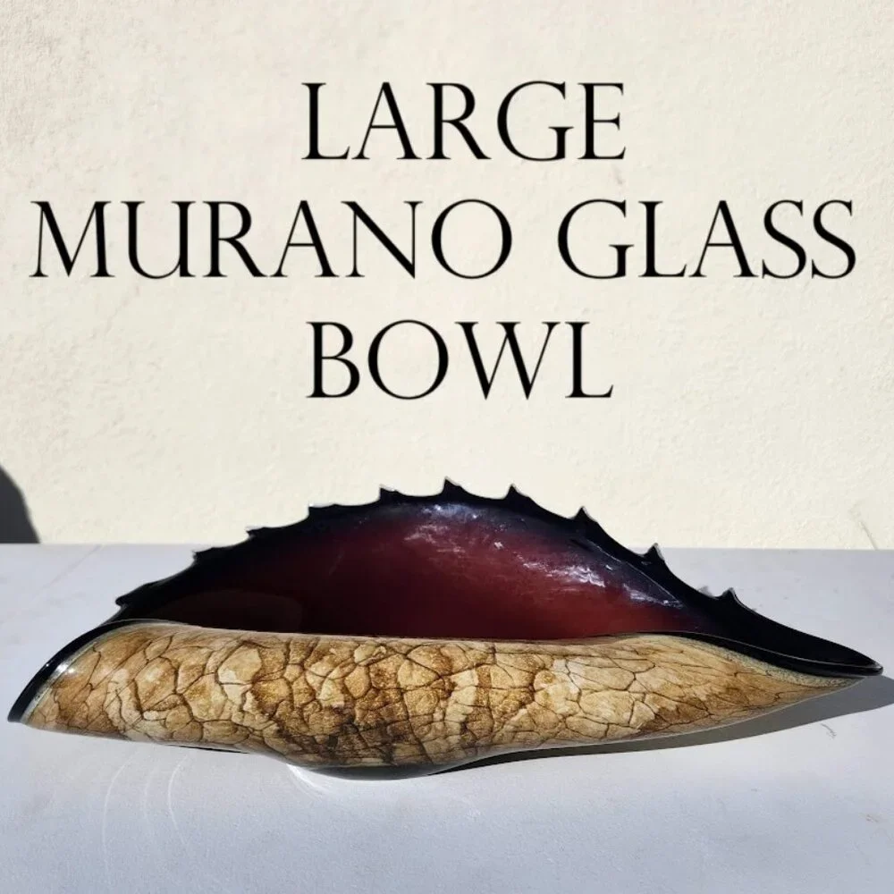 Hand Blown Murano Style Art Glass Folded Bowl Conch Shell Handmade Poland Approx